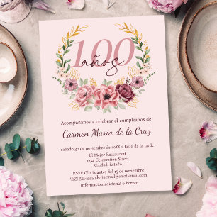 Convites Festa de 100 Anos Rosa Espanhol Floral Elegante