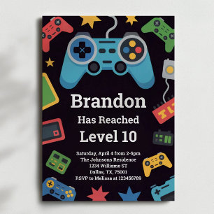 Convites Festa de 10 anos do garoto gamer Level Up Boys