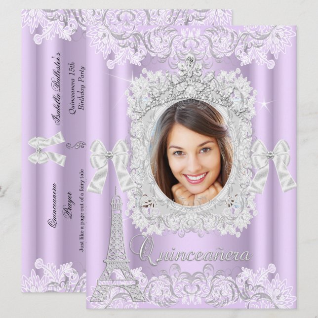 Convites Festa de 15 Anos Princesa Lilás com Renda Foto Gra (Frente/Verso)