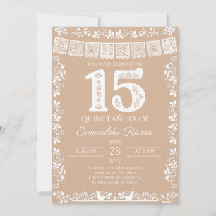 Convites Festa de 15 Anos Quinceañera Beige Papel Picado