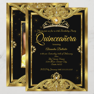 Convites Festa de 15 Anos Quinceanera Foto Dourado Preto