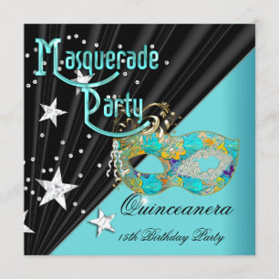 Convites Festa de 15 anos Quinceanera Máscara Azul Dourado