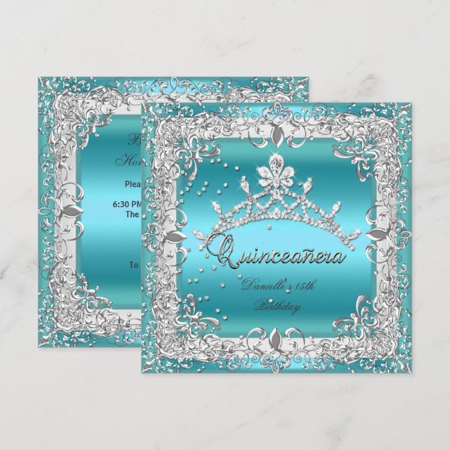 Convites Festa de 15 anos Quinceanera Prata Azul Turquesa (Frente/Verso)