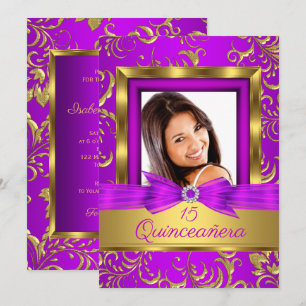 Convites Festa de 15 anos Quinceanera Rosa Roxo Dourado Dam
