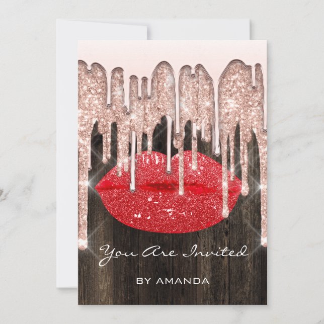 Convites Festa de 16 anos Beijo Lábios Rosa Brilho Madeira. (Frente)