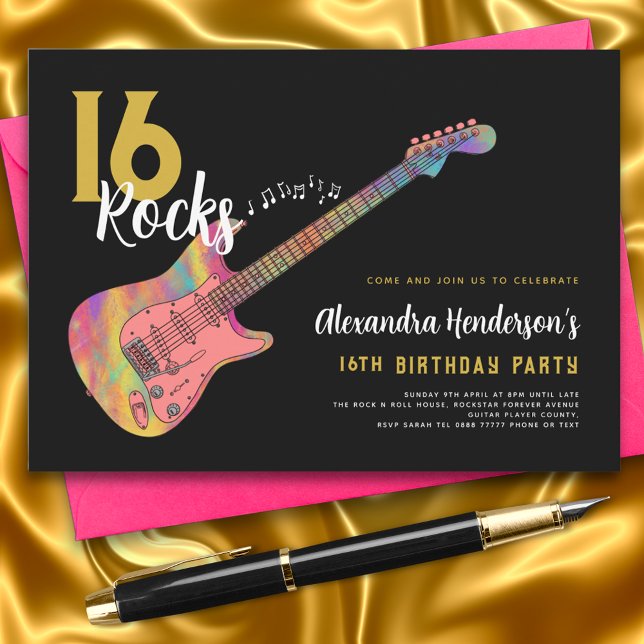 Convites Festa de 16 anos de Rock and Roll (Rock and roll 16th birthday party black and gold invitation )