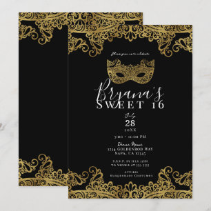 Convites Festa de 16 Anos Doce Máscara de Renda Preta e Dou