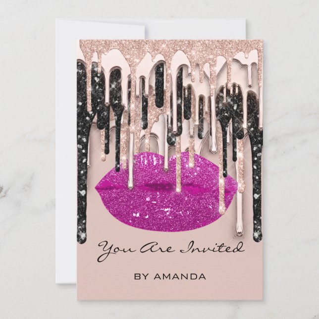 Convites Festa de 16 anos Kiss Lips Rosa Brilho Gotas de Mi (Frente)