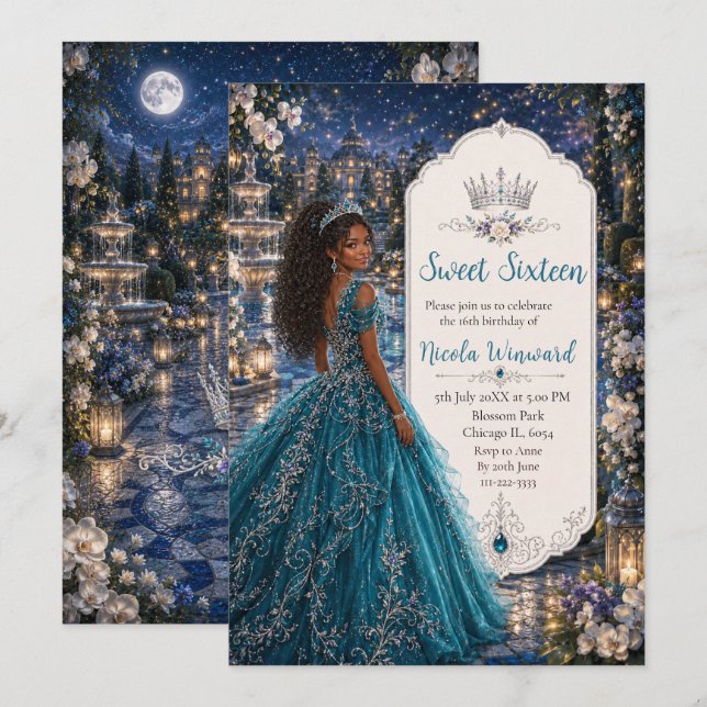 Convites Festa de 16 Anos Princesa Azul Turquesa Doce (Frente/Verso)