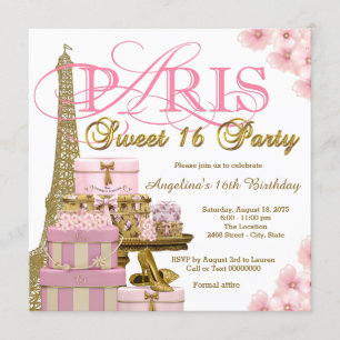 Convites Festa de 16 Anos Rosa e Dourado em Paris