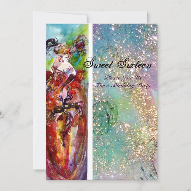 Convites Festa de 16 Mascarada, COLUNA, ouro azul (Frente)