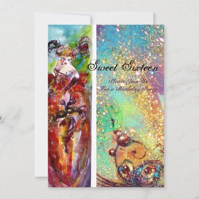 Convites Festa de 16 Mascarada, COLUNA, ouro azul (Frente)