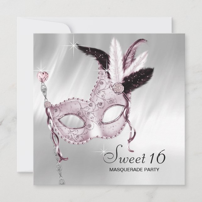 Convites Festa de 16 Mascarada, docinho branco preto rosa (Frente)