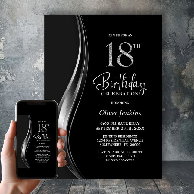 Convites Festa de 18 Anos com Estilo Preto e Prata (Criador carregado)