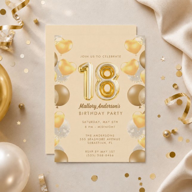 Convites Festa de 18 Anos Glamourosa Dourada (Glamorous Gold 18th Birthday Party Invitation)