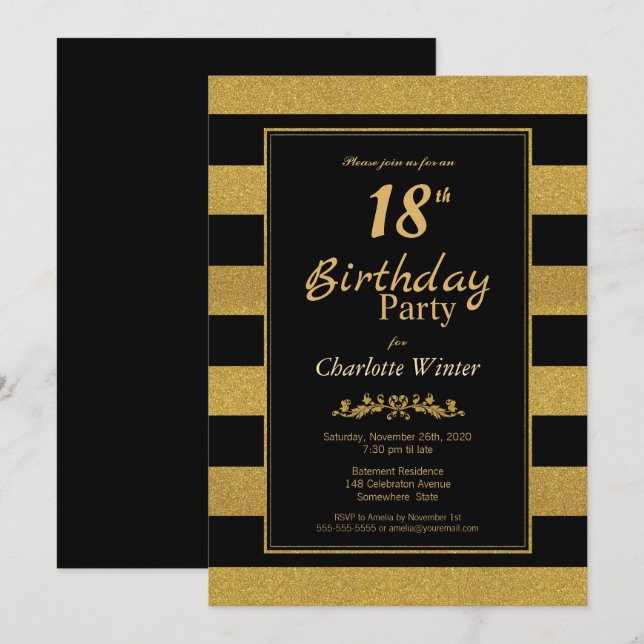 Convites Festa de 18 Anos Listrada de Preto e Dourado (Frente/Verso)