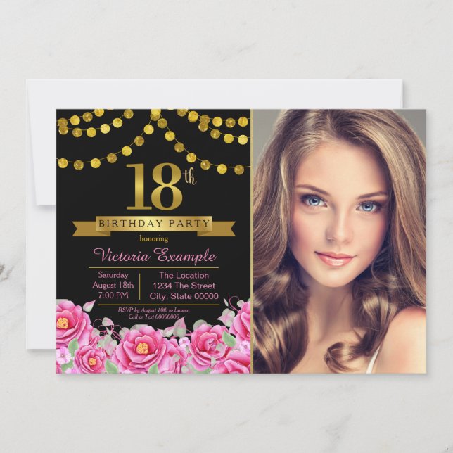 Convites Festa de 18 Anos Pink Black Gold Moderna (Frente)
