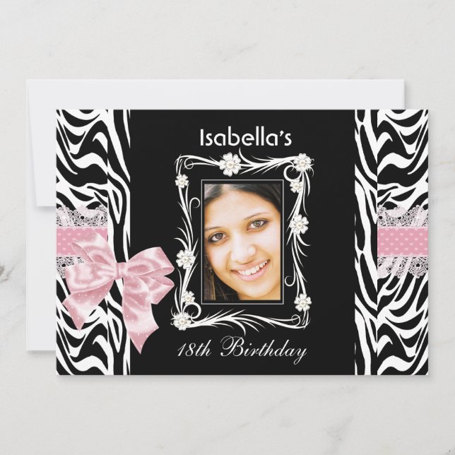 Convites Festa de 18 Anos Pink Black White Zebra (Frente)