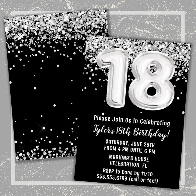 Convites Festa de 18 anos preta branca e prata (Black and White 18th Birthday Party Invitation)
