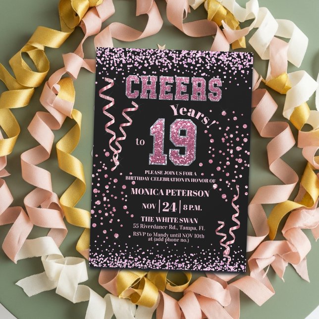 Convites Festa de 19º Aniversário com Brilho Rosa  (Criador carregado)