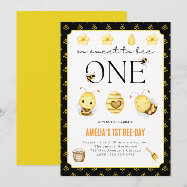 Convites Festa de 1rua, festa de aniversário de abelhas (Frente/Verso)