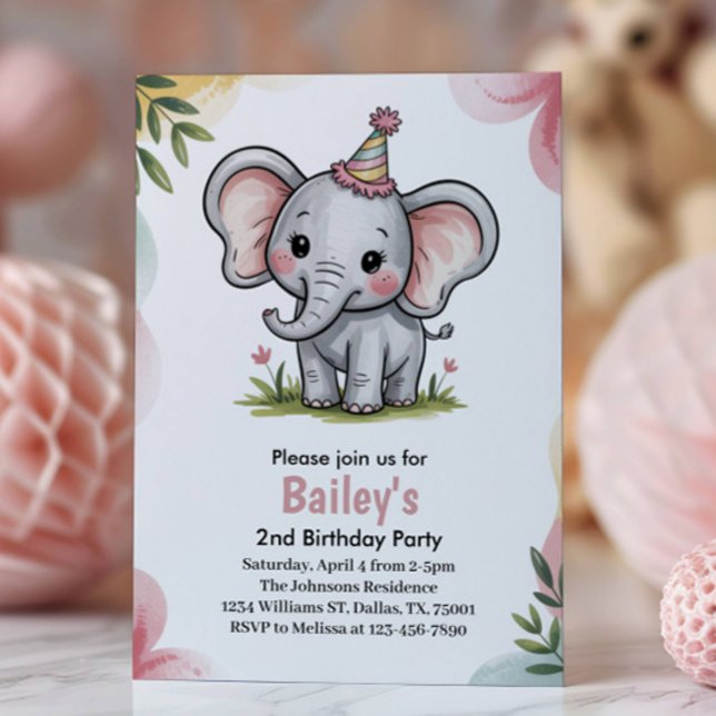 Convites Festa de 2º Aniversário do Elefante Rosa Fofo Infa (Criador carregado)