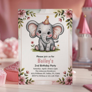Convites Festa de 2º Aniversário do Elefante Rosa Fofo Infa