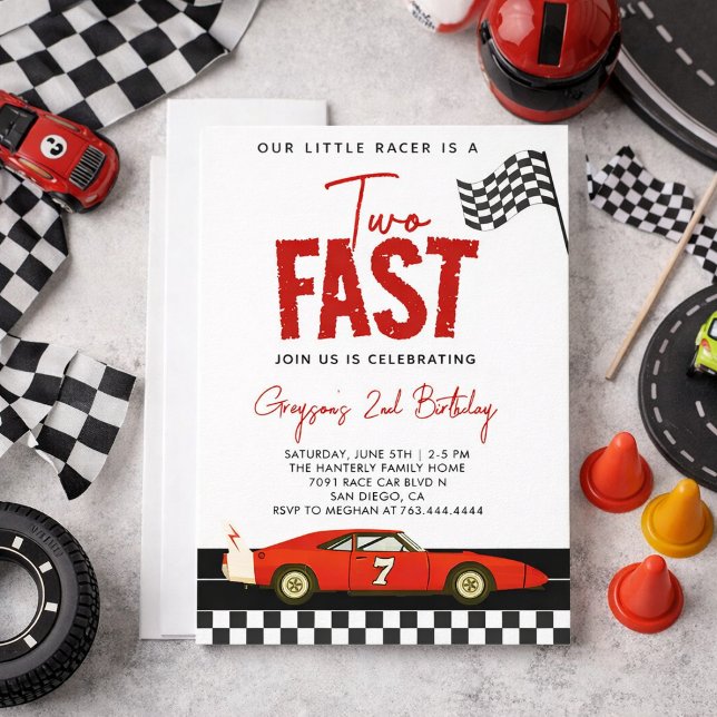 Convites Festa de 2º Aniversário do Menino de Dois Carros d (Two Fast Race Car Boy 2nd Birthday Party Invitation
)