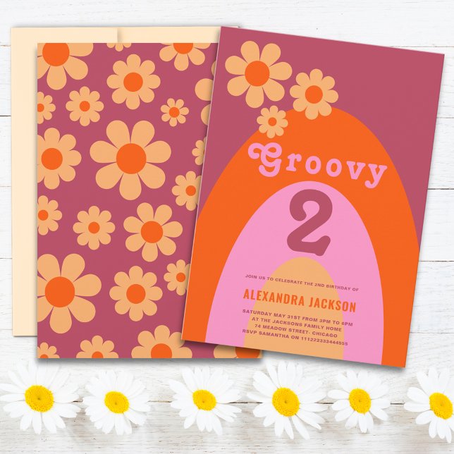 Convites Festa de 2º Aniversário Floral Retro Arco Groovy (Groovy 2 retro arch vintage floral pink orange and yellow 2nd birthday party invitation )