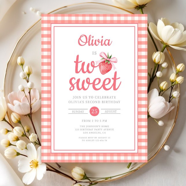 Convites Festa de 2º Aniversário Morango Dois Doce (Strawberry Two Sweet 2nd Birthday Party Invitation)
