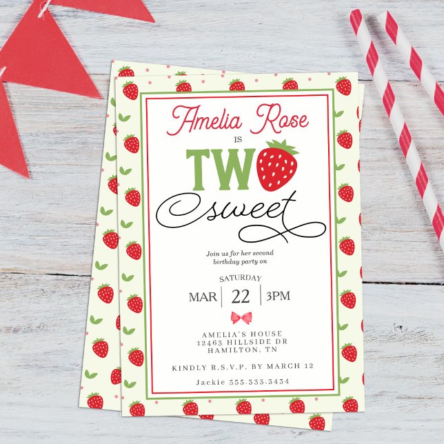 Convites Festa de 2º Aniversário Two Sweet Strawberry (Two Sweet Strawberry 2nd Birthday Party Invitation)