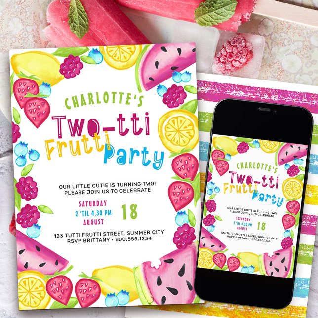 Convites Festa de 20 Frutti Festa de Verão Cutie de Fruta e (Two-tti frutti such a cutie 2nd birthday party invitation)