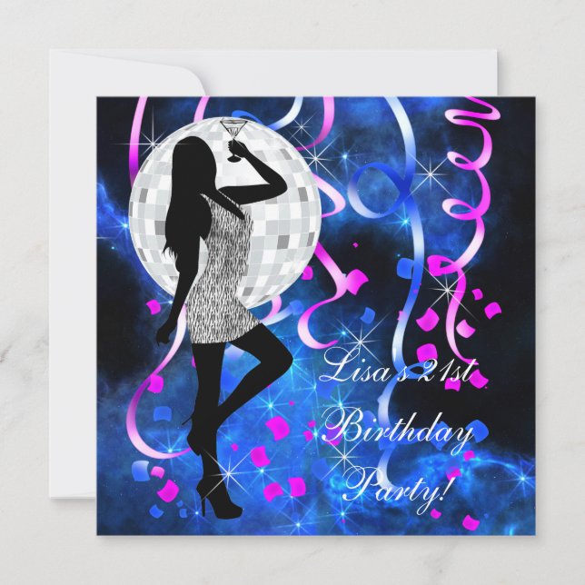 Convites Festa de 21 Anos Azul Real e Rosa Vibrante (Frente)