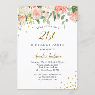 Convites Festa de 21 Anos com Floral em Aquarela Dourado Pê