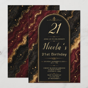 Convites Festa de 21 anos elegante em preto e vermelho burg