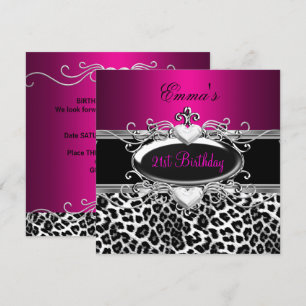 Convites Festa de 21 anos Prata Rosa Preto Branco Leopardo