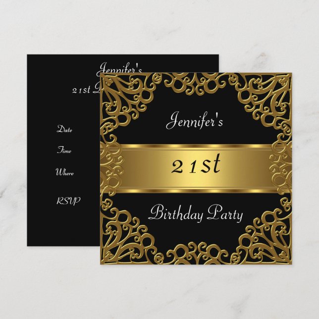 Convites Festa de 21 anos Preto Ouro (Frente/Verso)