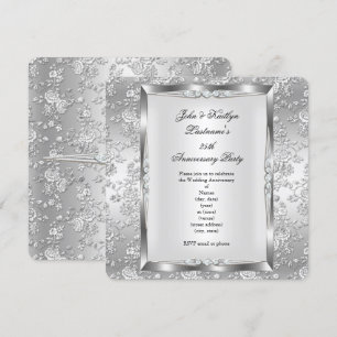 Convites Festa de 25º Aniversário Rosa Damask Prata Branco 