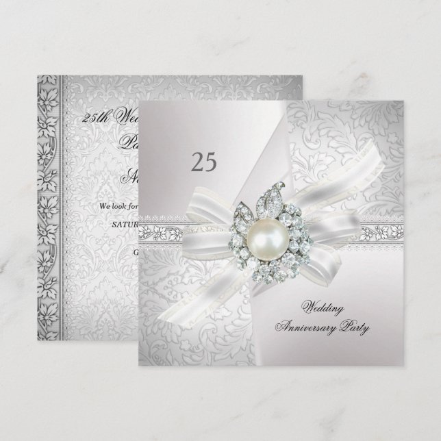 Convites Festa de 25 Anos de Casamento Pérola Branco Prata (Frente/Verso)