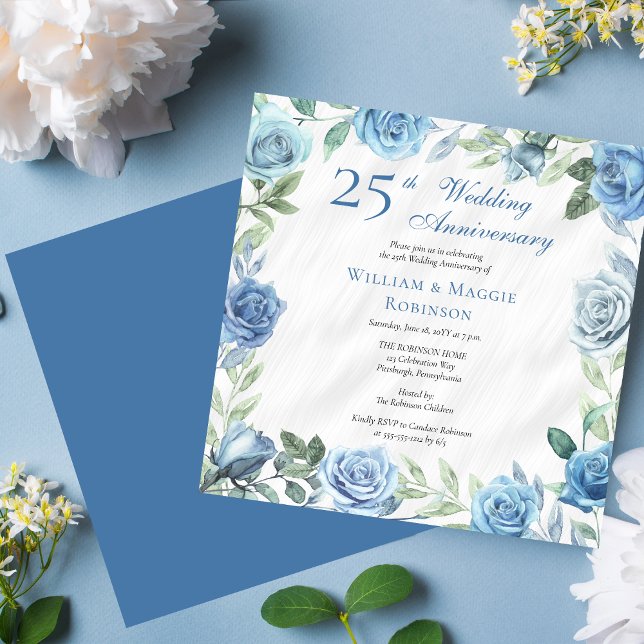 Convites Festa de 25 de Casamento de Azul Elegante (Elegant Blue and White with Sage Green Floral Frame Square 25th Wedding Anniversary Party Invitation)