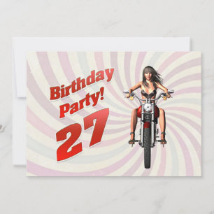 Convites festa de 27º aniversário com uma garota numa moto