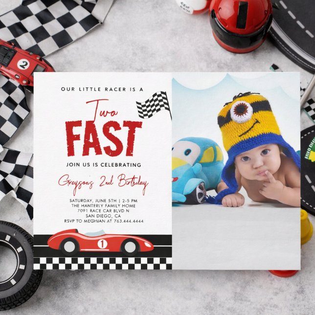 Convites Festa de 2 Anos de Idade Menino Carro de Corrida R (Two Fast Race Car Boy Photo 2nd Birthday Party Invitation
)