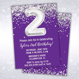 Convites Festa de 2 anos Purple Silver 2nd Birthday Party
