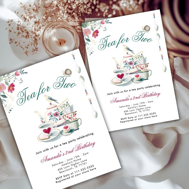 Convites Festa de 2 anos Tea For Two Animais Florais  (Criador carregado)