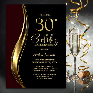 Convites Festa de 30 Anos Black Gold Burgundy