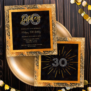 Convites Festa de 30 Anos Chic Glitter Preto e Dourado