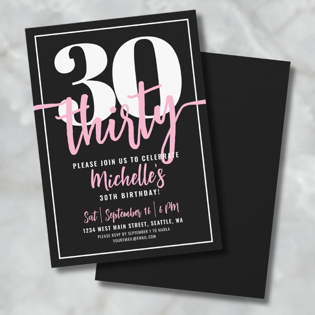 Convites Festa de 30 Anos do Script Black (Modern Black 30th Birthday Party Invitation )