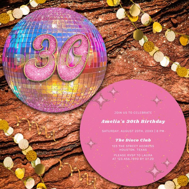 Convites Festa de 30 Anos Dourado Rosa Brilho Bola de Disco (Criador carregado)