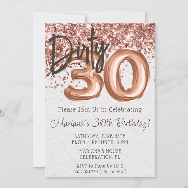 Convites Festa de 30 Anos Rose Gold Dirty 30 (Frente)