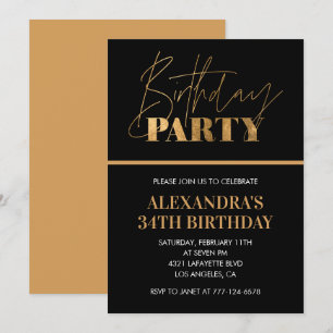 Convites Festa de 34 anos elegante em preto e dourado com c